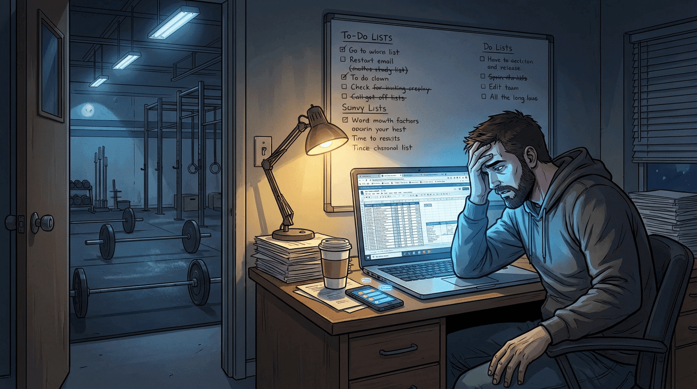 Overwhelmed gym owner at desk late at night